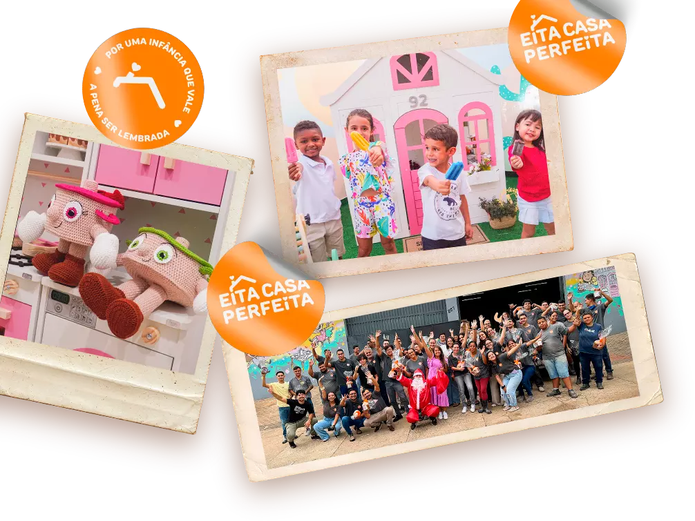 Crianças brincando com produtos Eita Casa Perfeita e equipe Eita